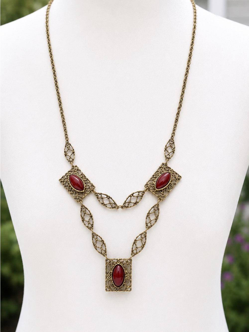 Vintage TOFFANO 1970s Red Cabochon Filigree Festoon Necklace